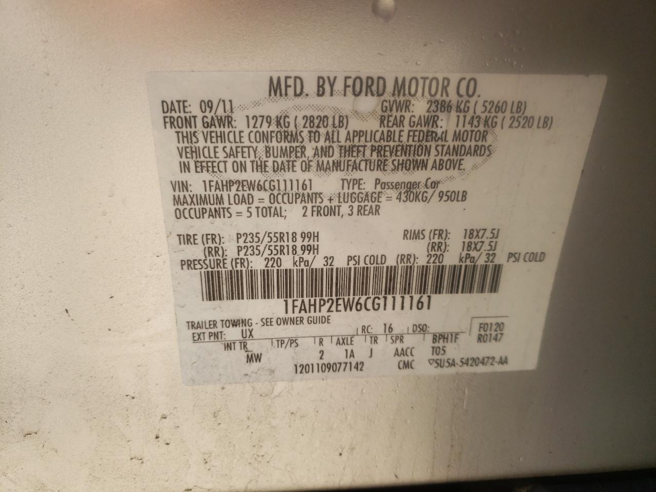 Photo 11 from auction – 2012 FORD TAURUS SEL with VIN 1FAHP2EW6CG111161