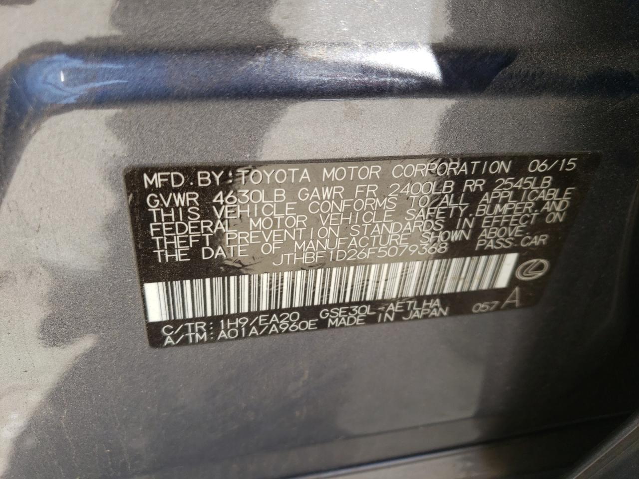 Photo 10 from auction – 2015 LEXUS IS 250 with VIN JTHBF1D26F5079368