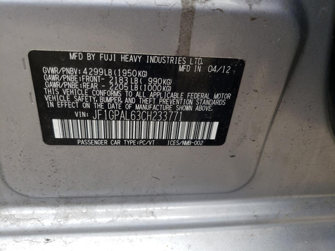 Photo 10 from auction – 2012 SUBARU IMPREZA SP with VIN JF1GPAL63CH233771