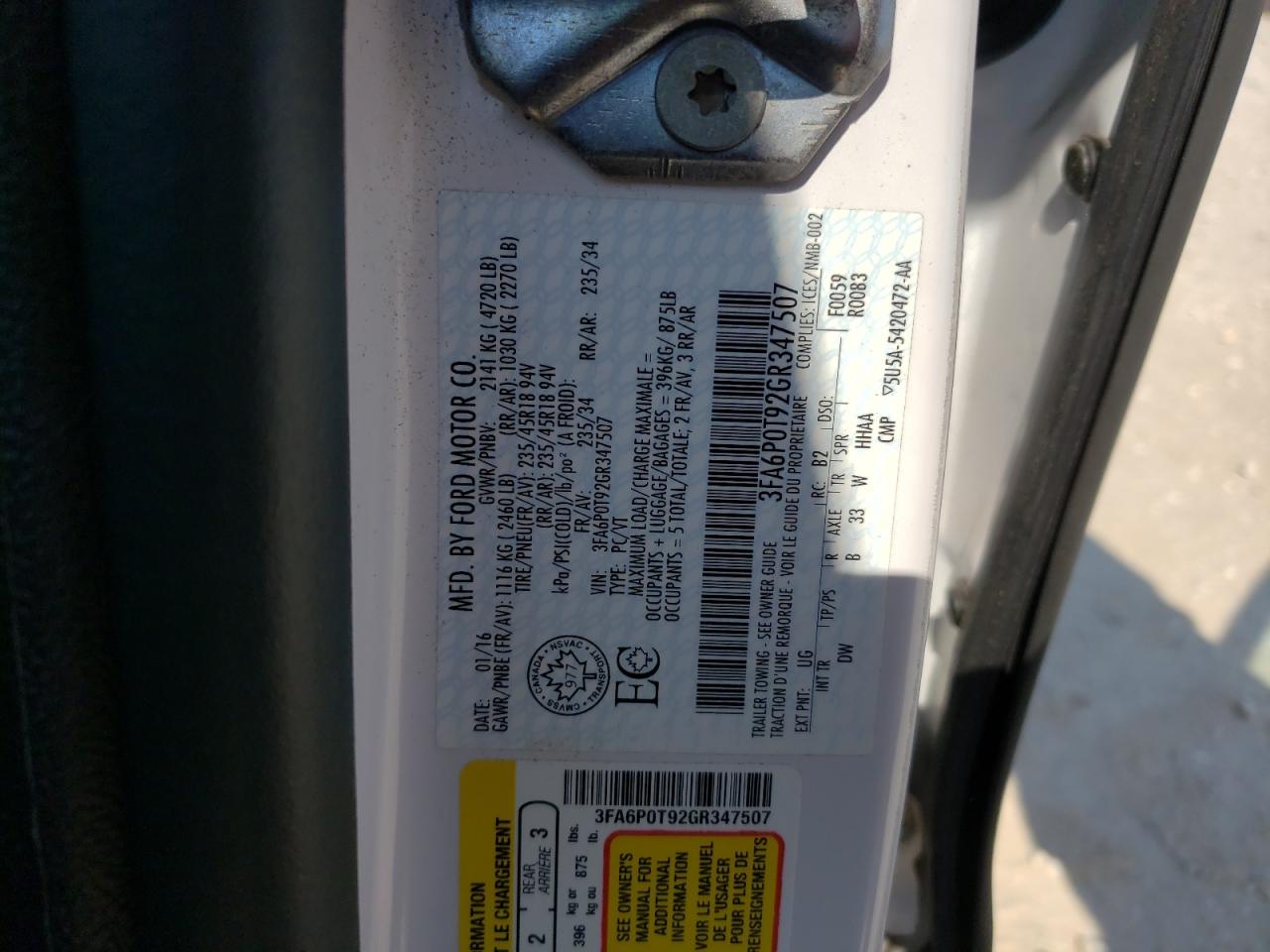 Photo 10 from auction – 2016 FORD FUSION SE with VIN 3FA6P0T92GR347507