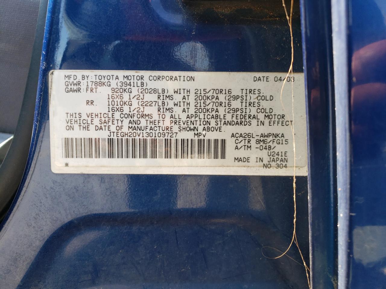 Photo 10 from auction – 2003 TOYOTA RAV4 with VIN JTEGH20V130109727