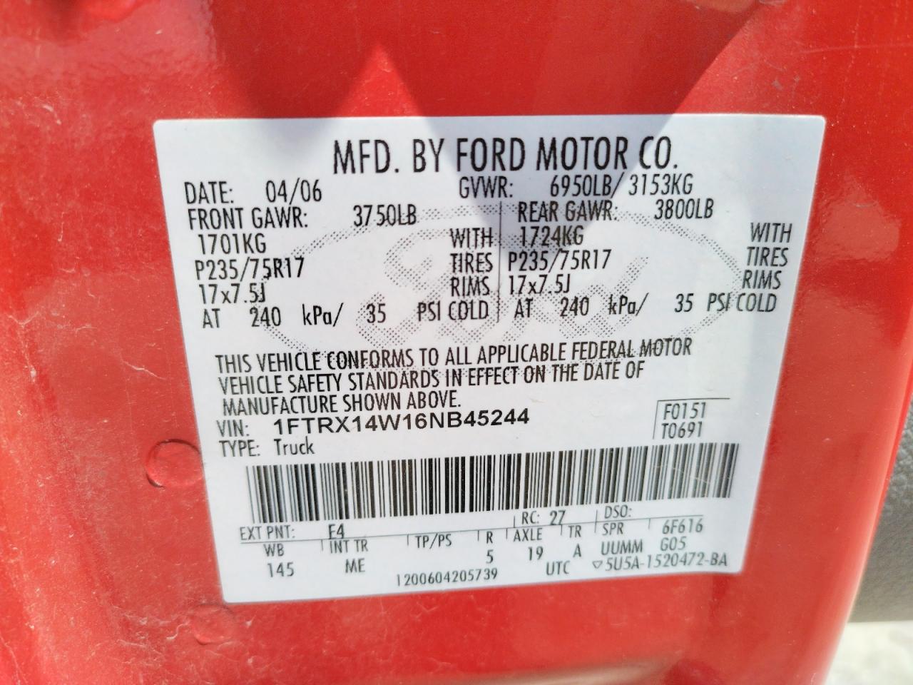 Photo 10 from auction – 2006 FORD F150 with VIN 1FTRX14W16NB45244