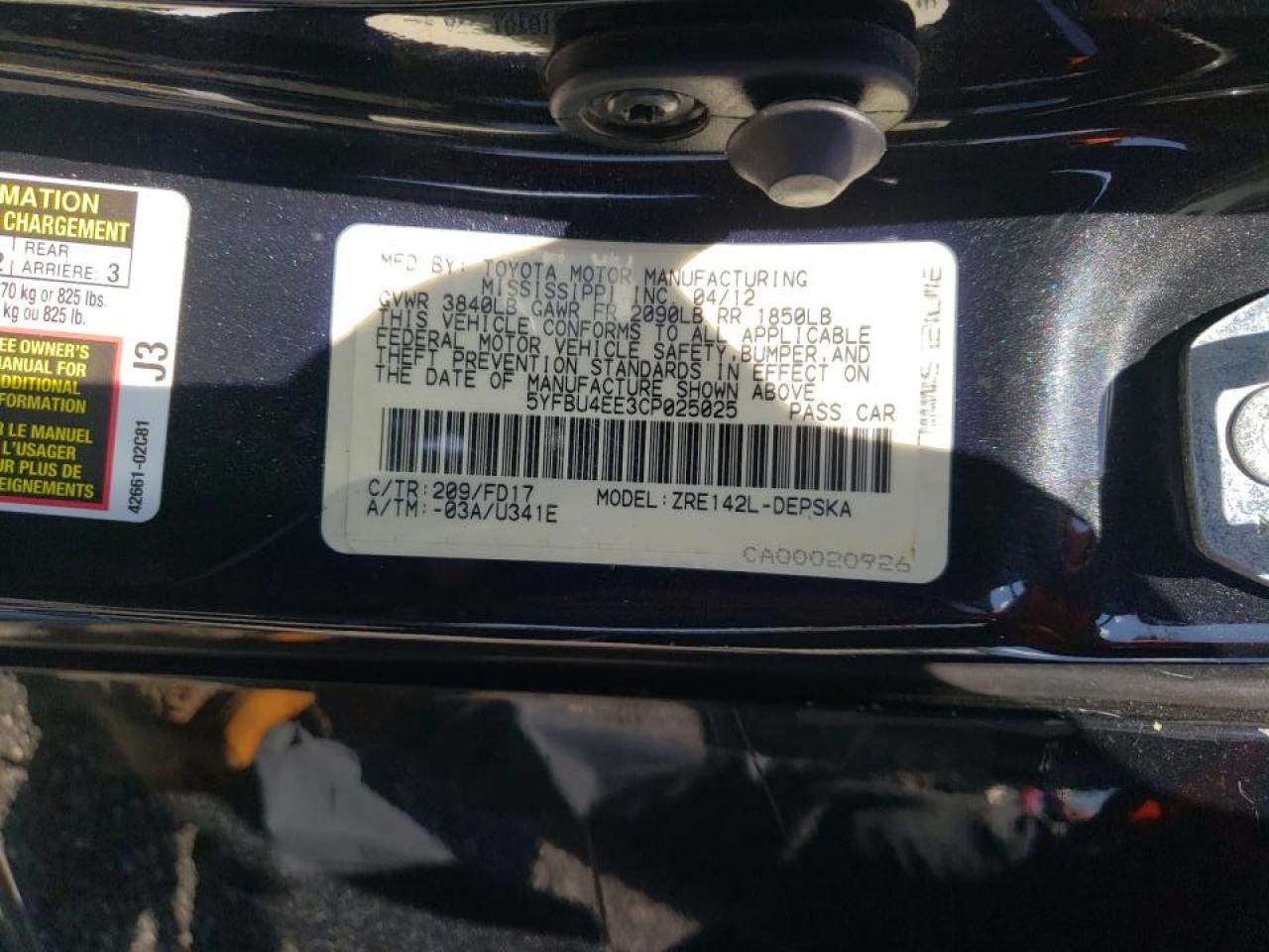 Photo 10 from auction – 2012 TOYOTA COROLLA BA with VIN 5YFBU4EE3CP025025
