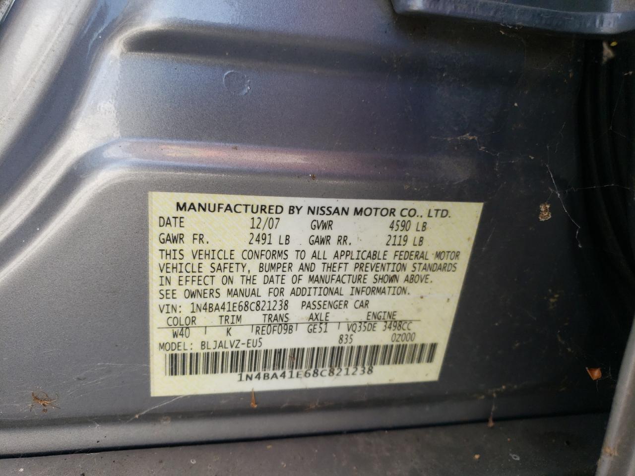 Photo 10 from auction – 2008 NISSAN MAXIMA SE with VIN 1N4BA41E68C821238