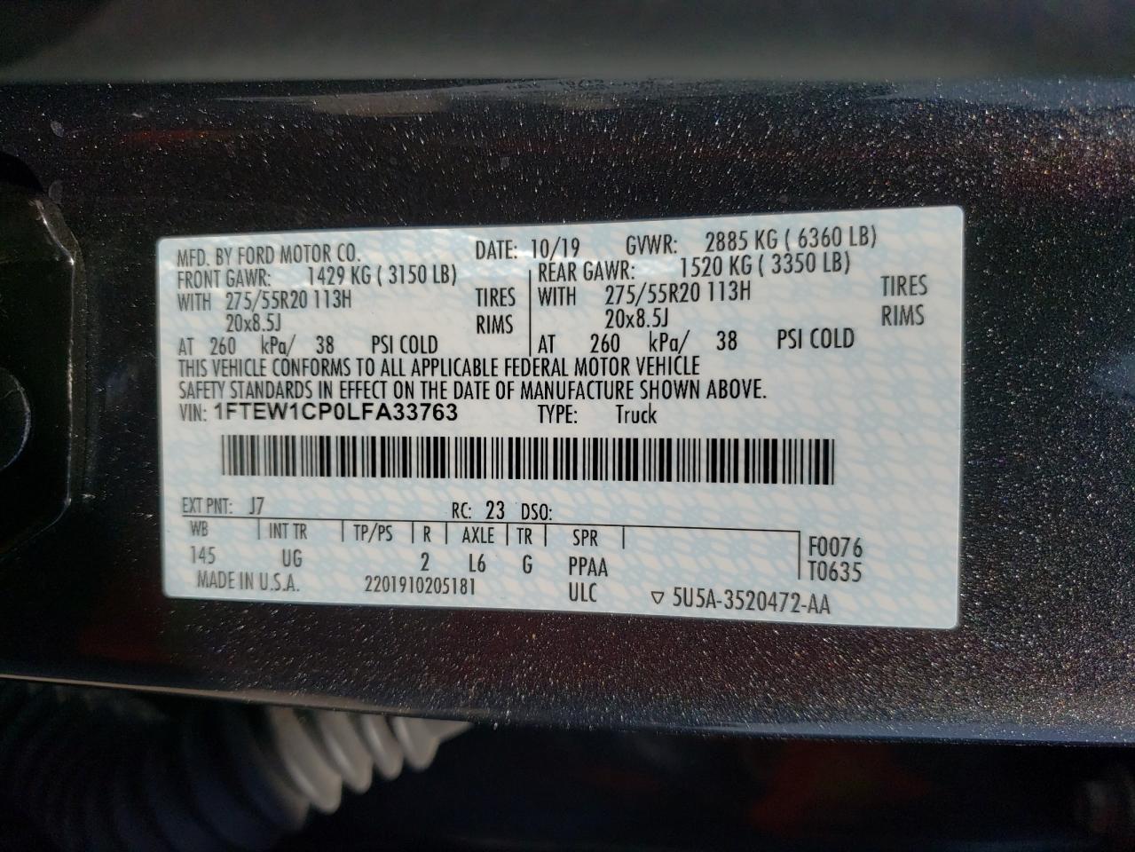 Photo 10 from auction – 2020 FORD F150 SUPER with VIN 1FTEW1CP0LFA33763