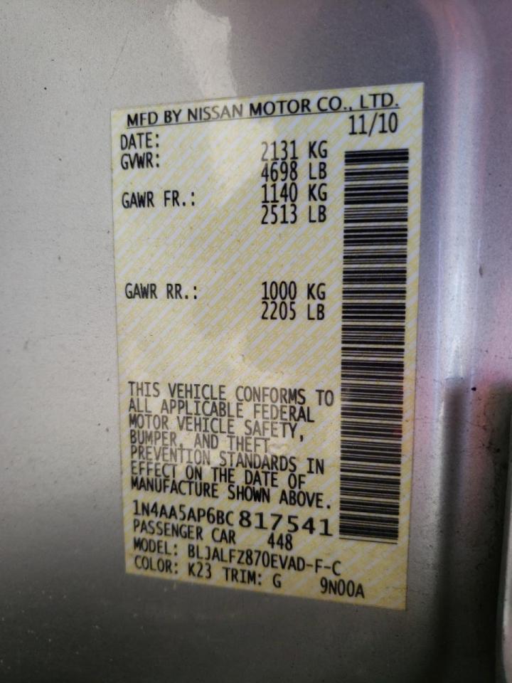 Photo 10 from auction – 2011 NISSAN MAXIMA S with VIN 1N4AA5AP6BC817541
