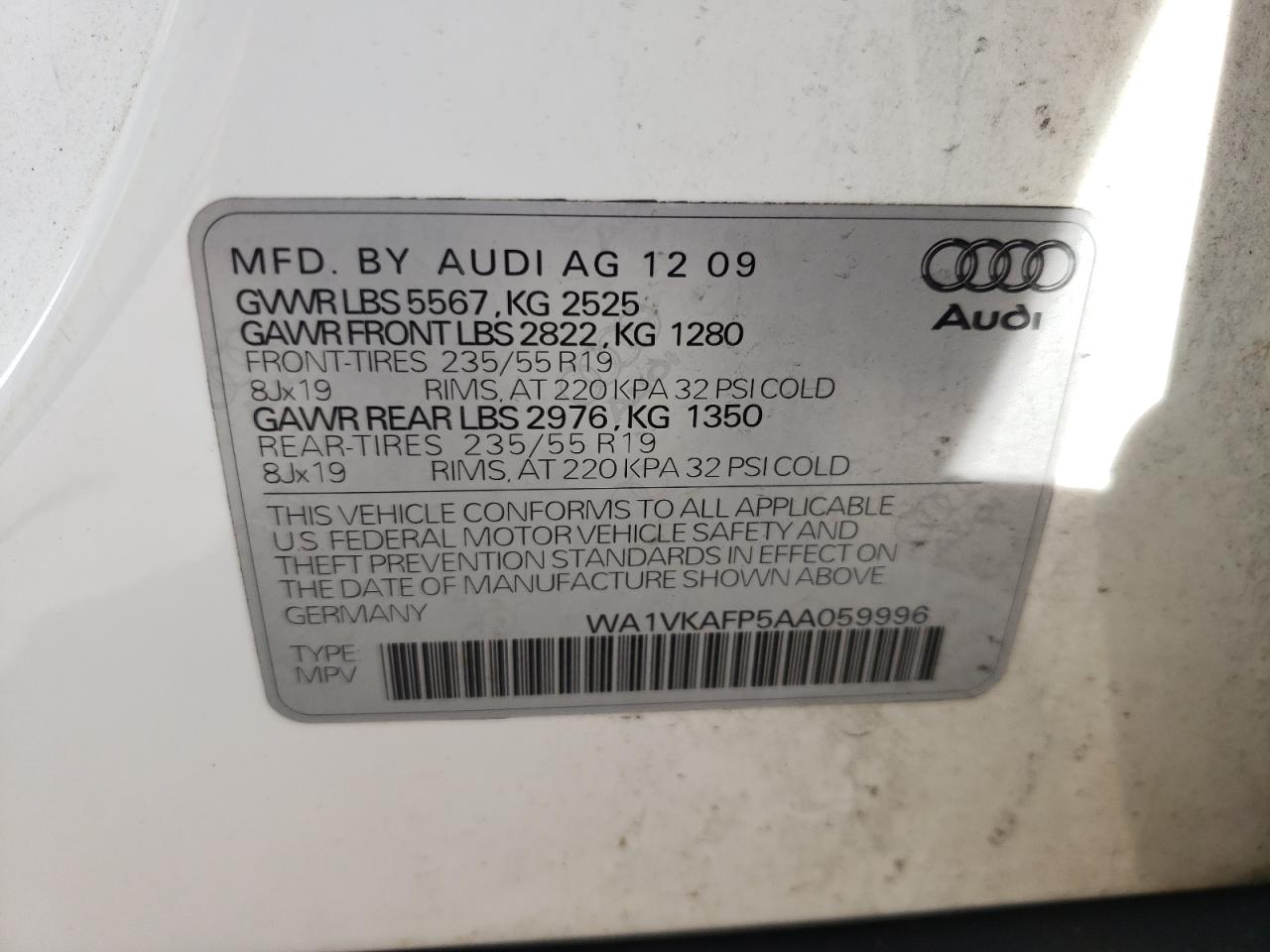 Photo 10 from auction – 2010 AUDI Q5 PRESTIG with VIN WA1VKAFP5AA059996