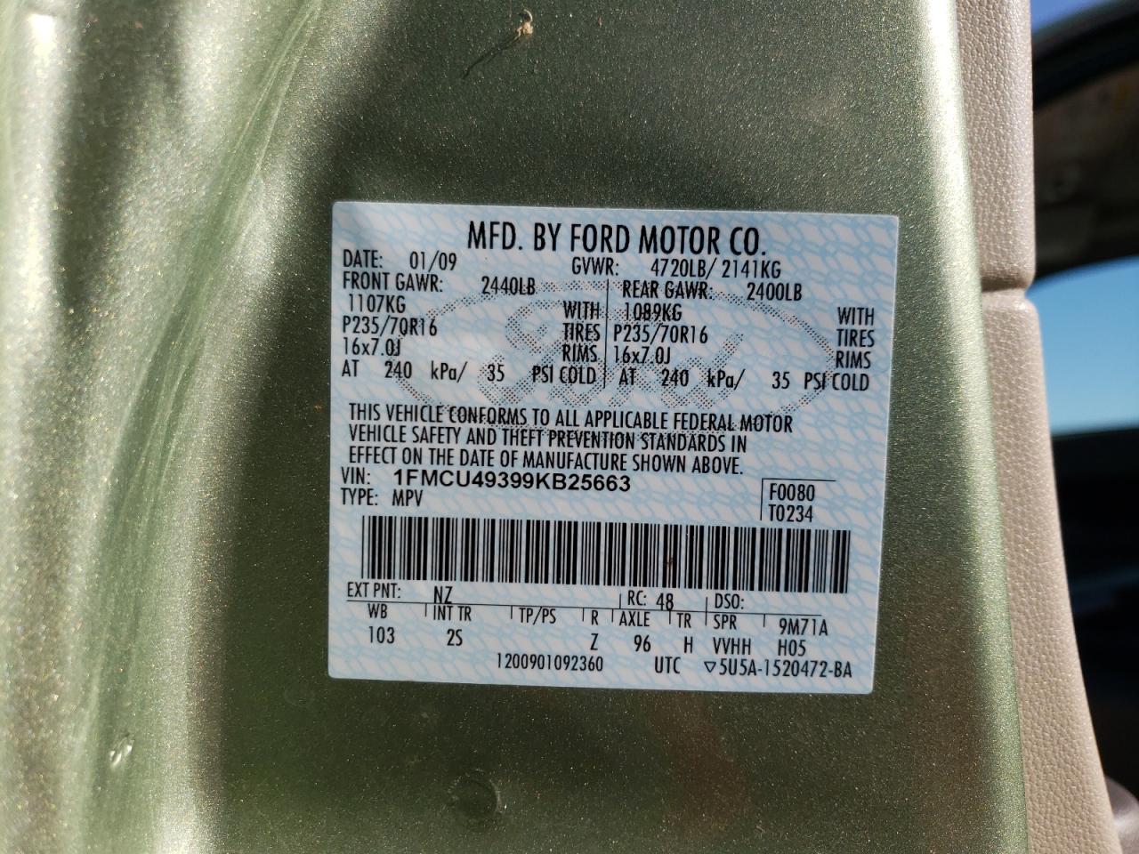 Photo 10 from auction – 2009 FORD ESCAPE LIM with VIN 1FMCU49399KB25663