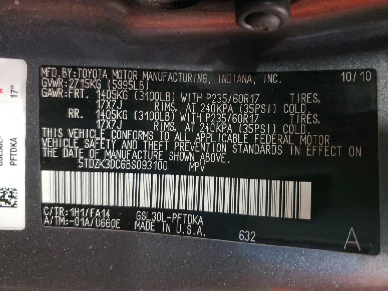 Photo 10 from auction – 2011 TOYOTA SIENNA with VIN 5TDZK3DC6BS093100