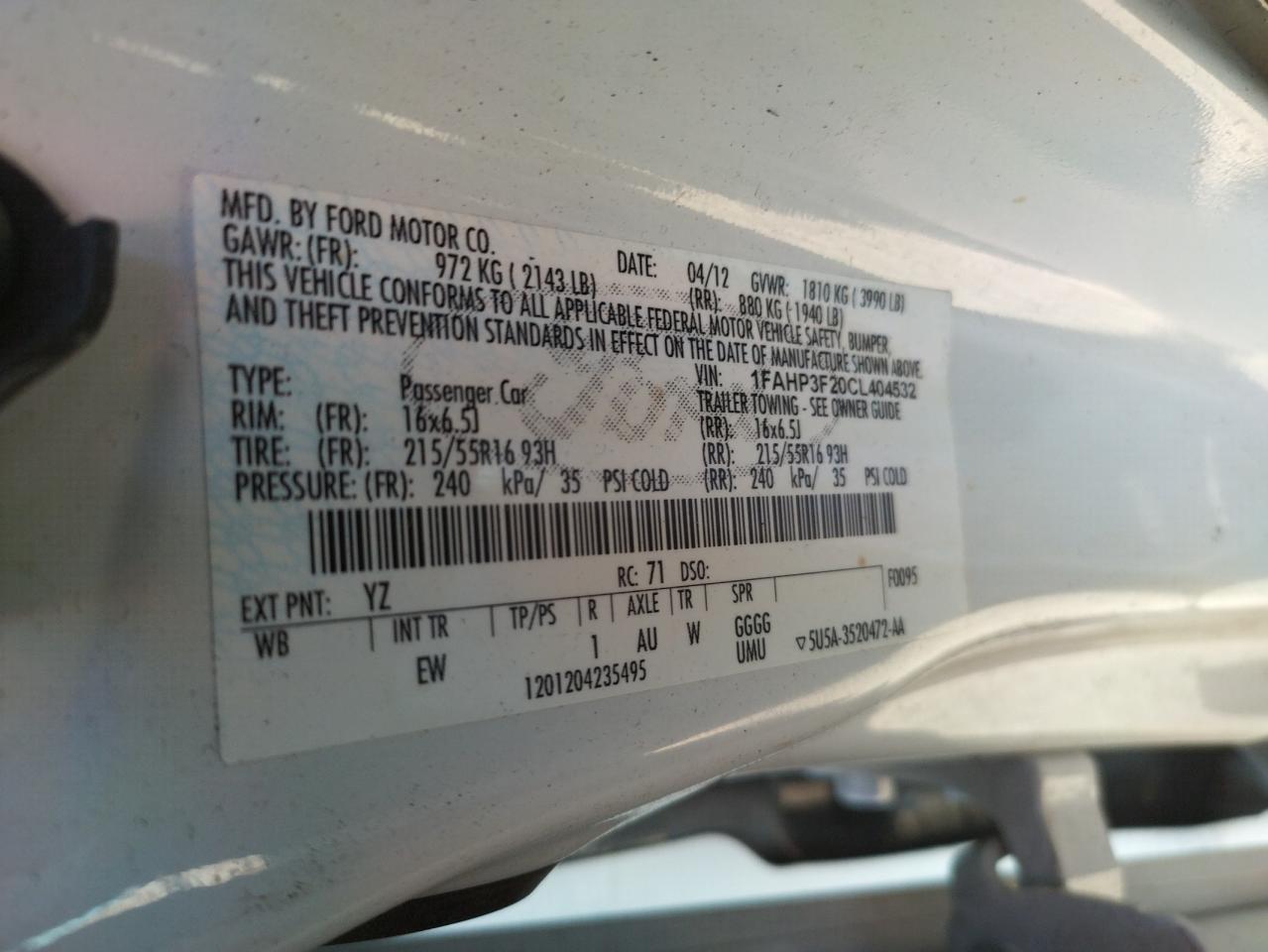 Photo 10 from auction – 2012 FORD FOCUS SE with VIN 1FAHP3F20CL404532