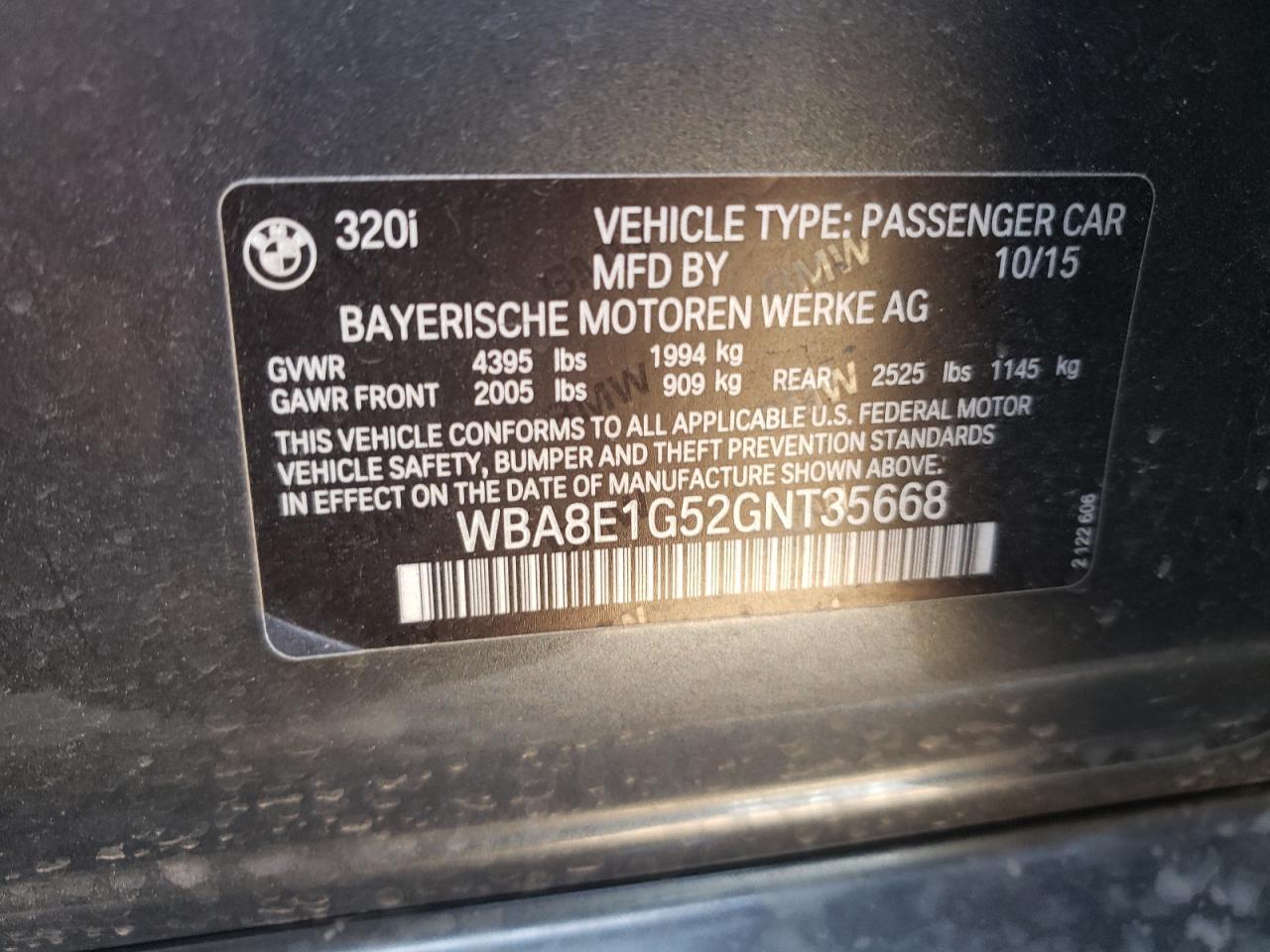 Photo 10 from auction – 2016 BMW 320 I with VIN WBA8E1G52GNT35668