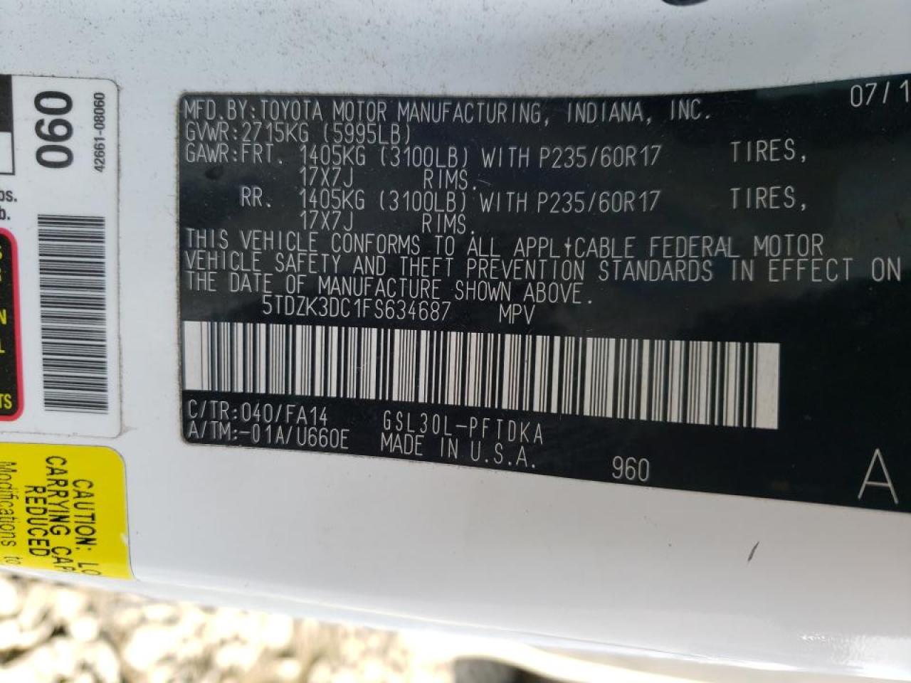 Photo 10 from auction – 2015 TOYOTA SIENNA with VIN 5TDZK3DC1FS634687