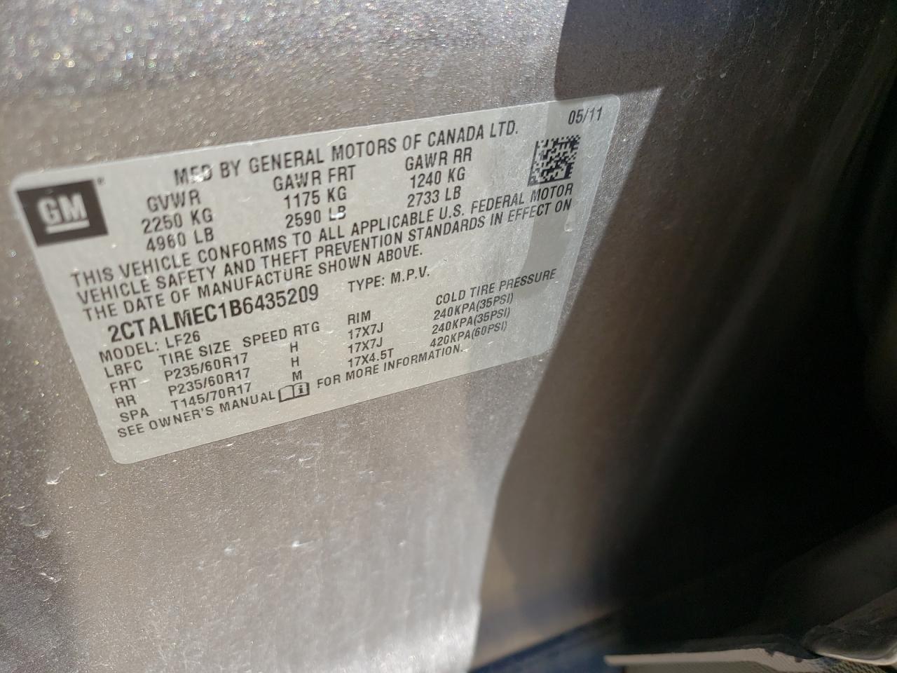 Photo 10 from auction – 2011 GMC TERRAIN SL with VIN 2CTALMEC1B6435209