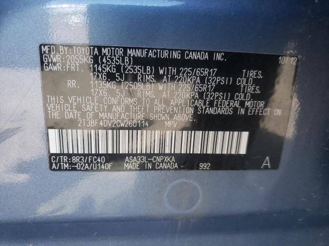 Photo 10 from auction – 2012 TOYOTA RAV4 with VIN 2T3BF4DV2CW260114