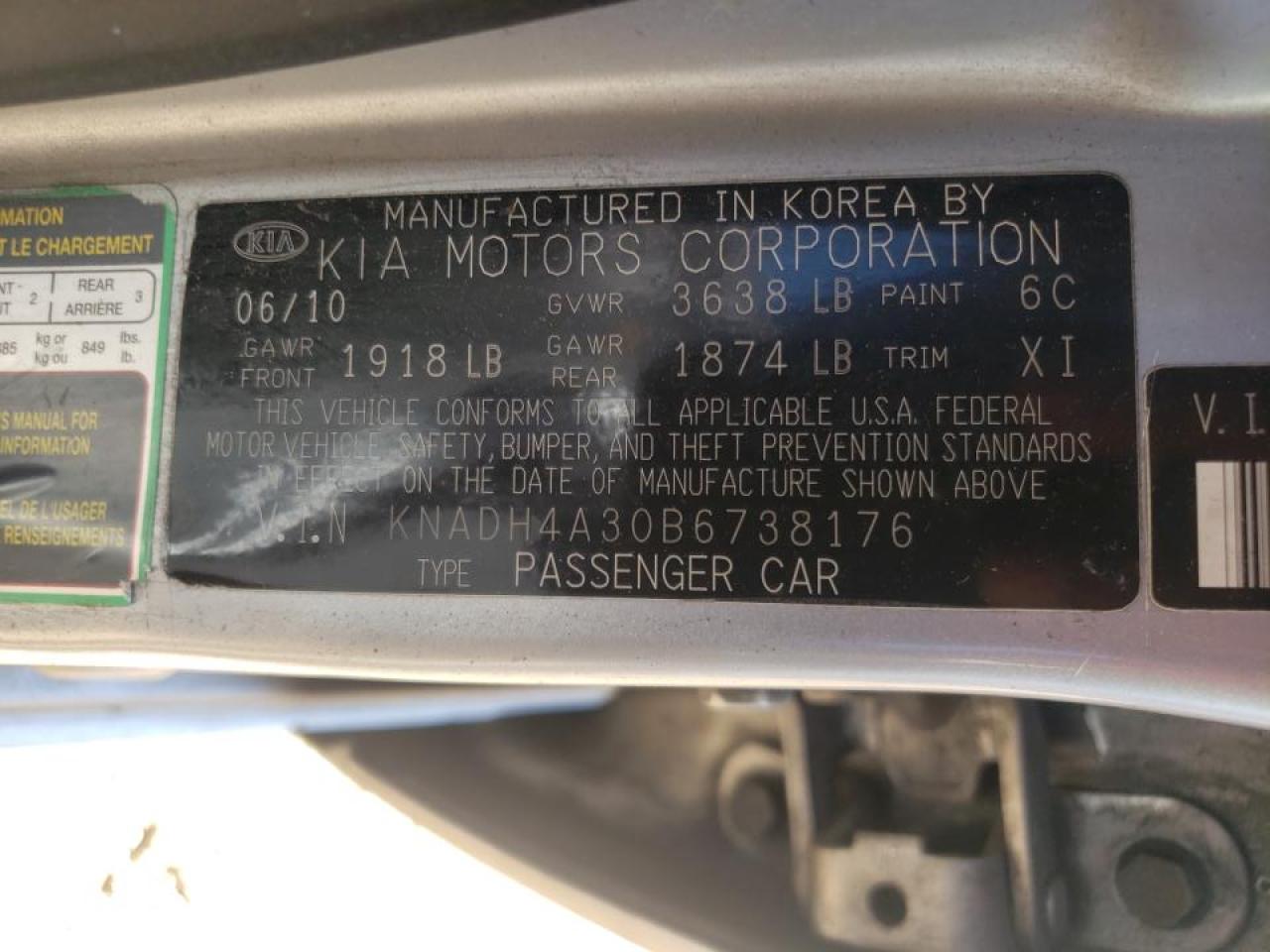 Photo 10 from auction – 2011 KIA RIO BASE with VIN KNADH4A30B6738176