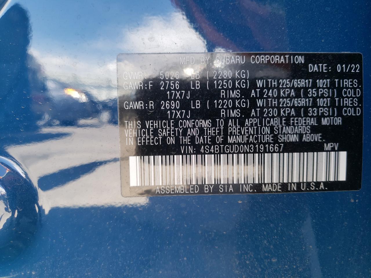Photo 10 from auction – 2022 SUBARU OUTBACK WI with VIN 4S4BTGUD0N3191667