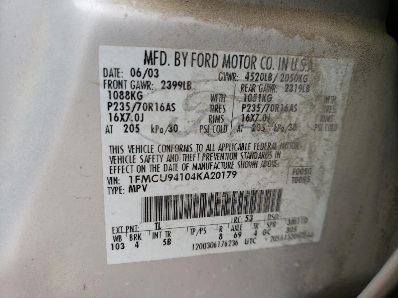 Photo 10 from auction – 2004 FORD ESCAPE LIM with VIN 1FMCU94104KA20179
