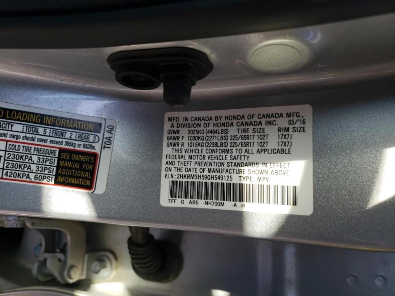 Photo 10 from auction – 2016 HONDA CR-V EX with VIN 2HKRM3H59GH549125