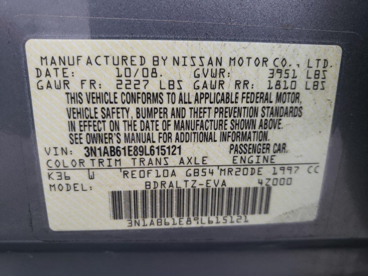 Photo 10 from auction – 2009 NISSAN SENTRA 2.0 with VIN 3N1AB61E89L615121