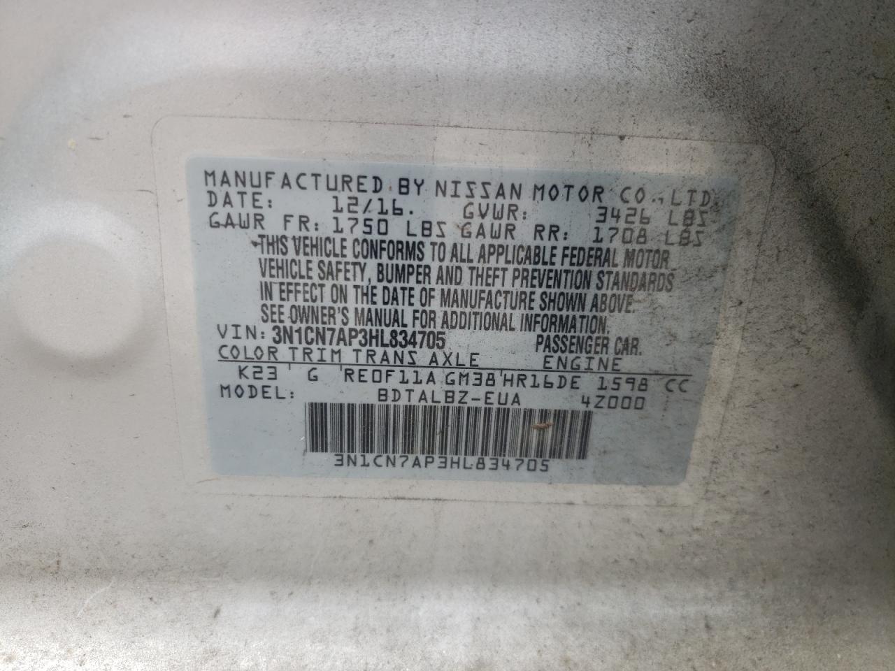 Photo 10 from auction – 2017 NISSAN VERSA S with VIN 3N1CN7AP3HL834705