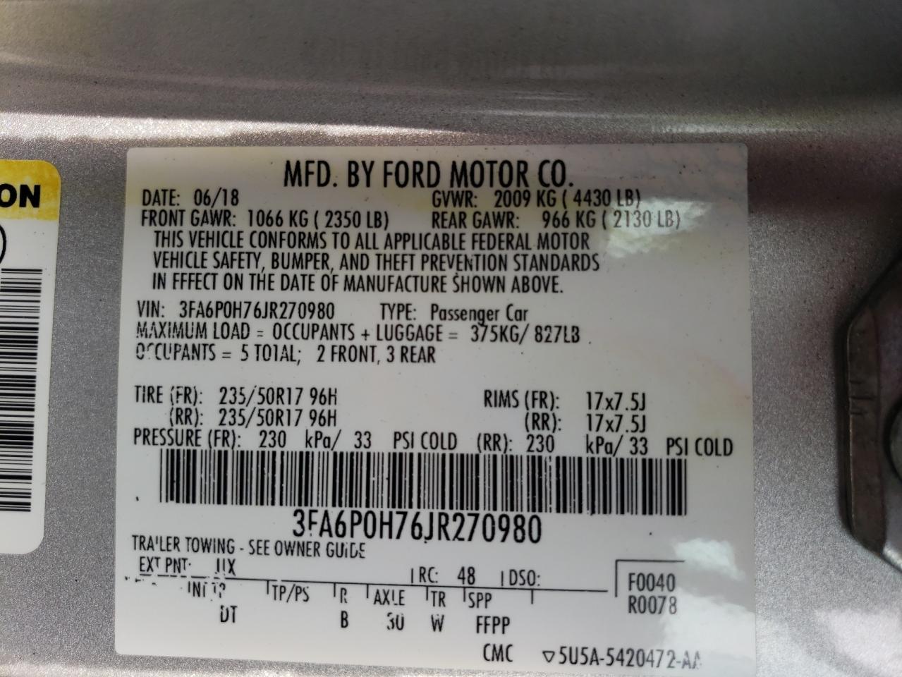 Photo 10 from auction – 2018 FORD FUSION SE with VIN 3FA6P0H76JR270980