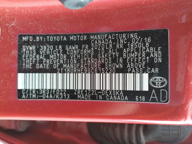 Photo 10 from auction – 2016 TOYOTA COROLLA L with VIN 2T1BURHE9GC615230