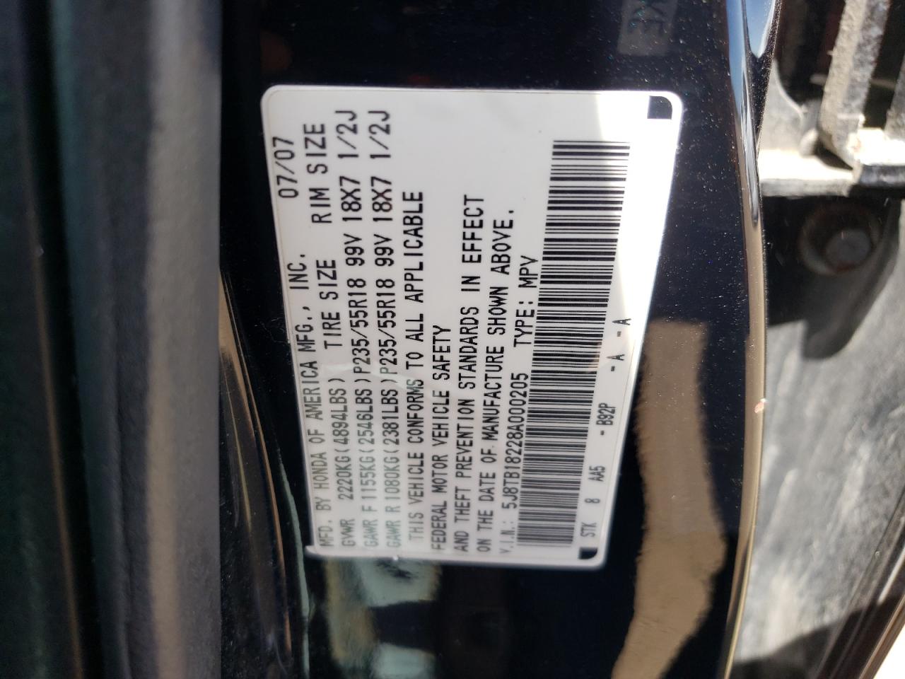 Photo 10 from auction – 2008 ACURA RDX with VIN 5J8TB18228A000205