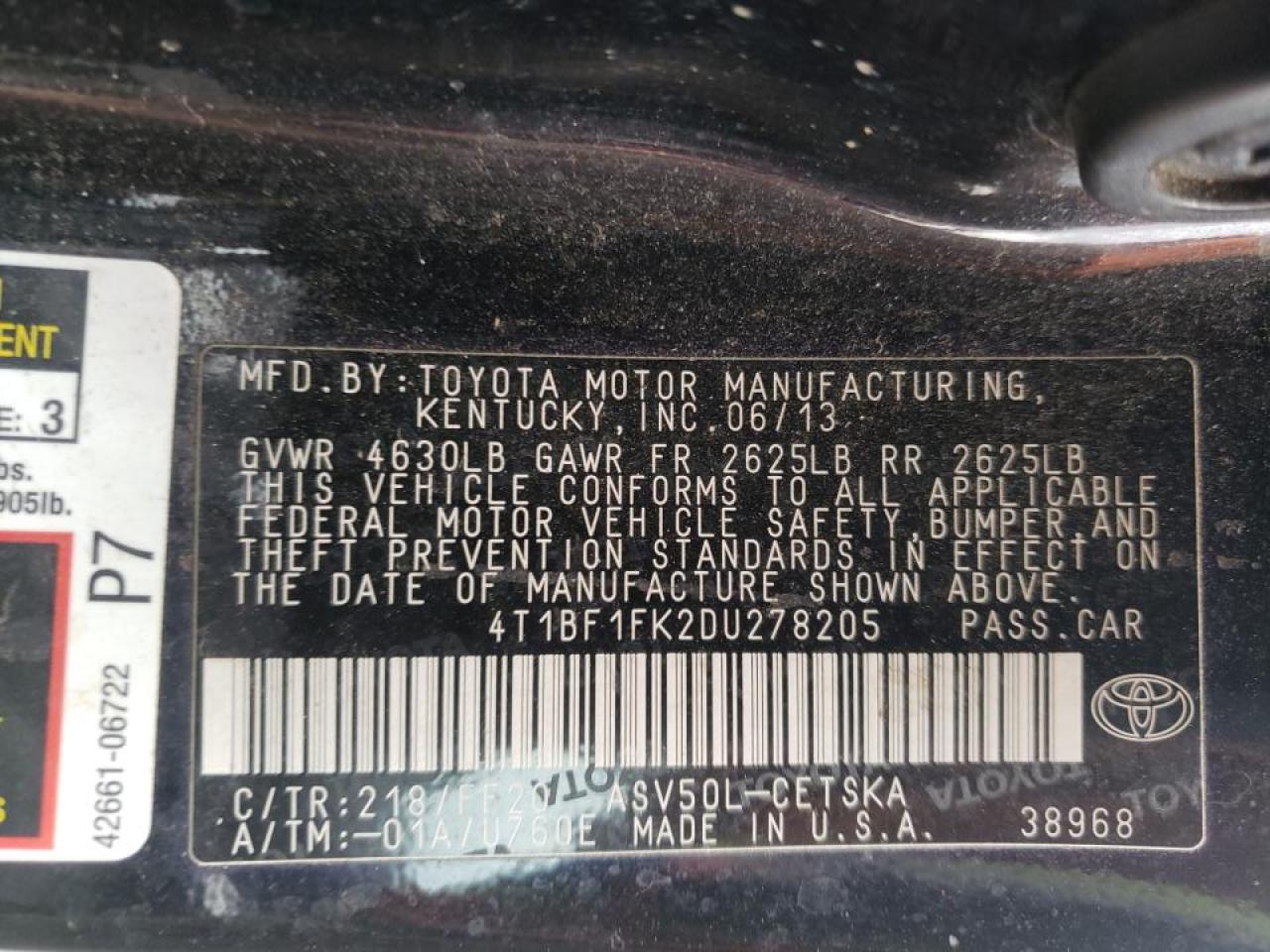 Photo 10 from auction – 2013 TOYOTA CAMRY L with VIN 4T1BF1FK2DU278205