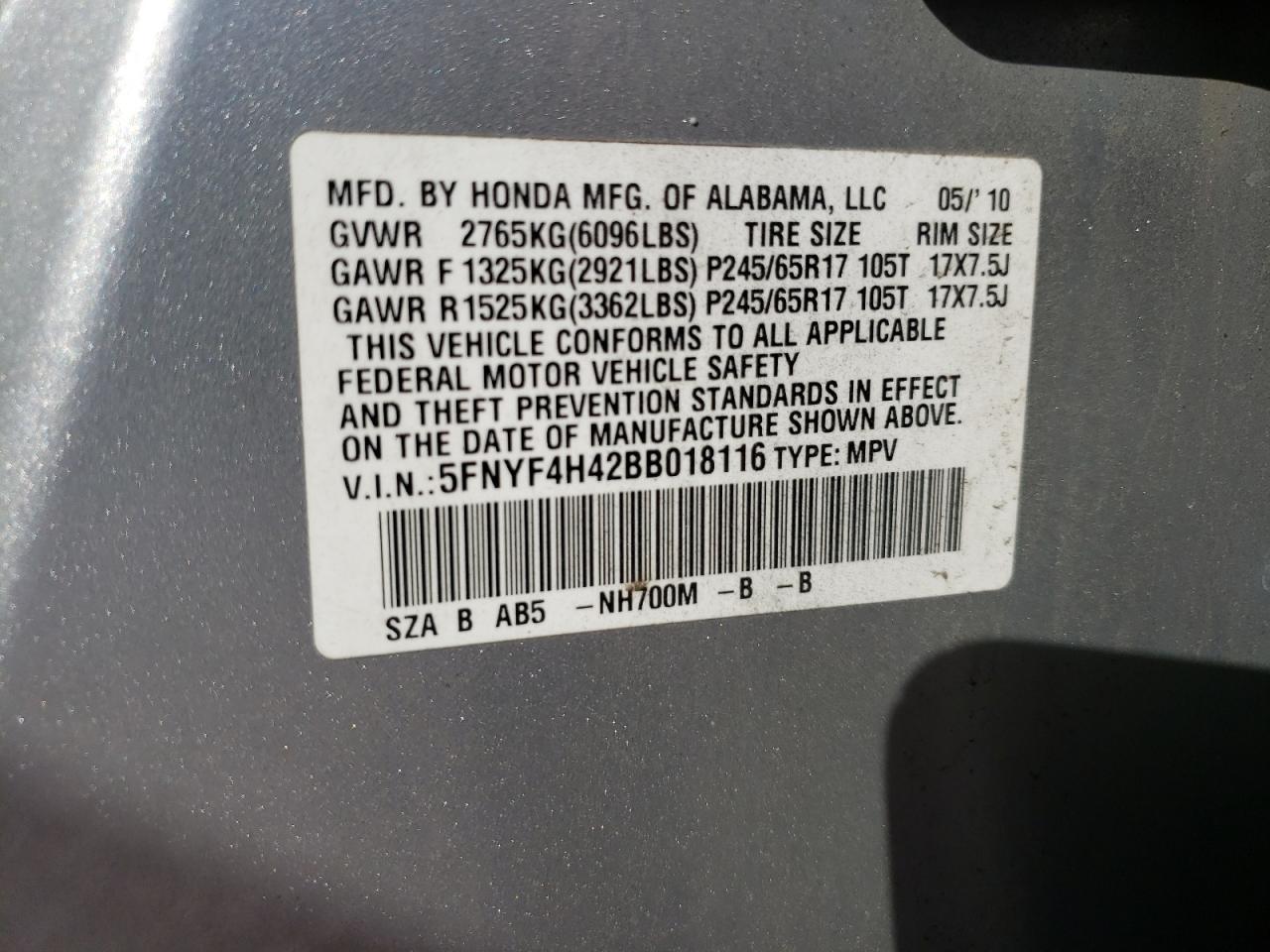 Photo 11 from auction – 2011 HONDA PILOT EX with VIN 5FNYF4H42BB018116