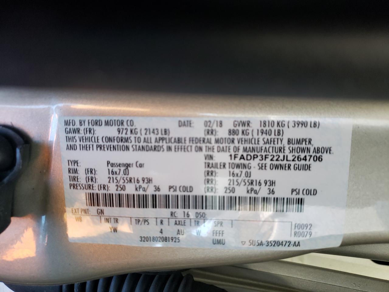 Photo 11 from auction – 2018 FORD FOCUS SE with VIN 1FADP3F22JL264706