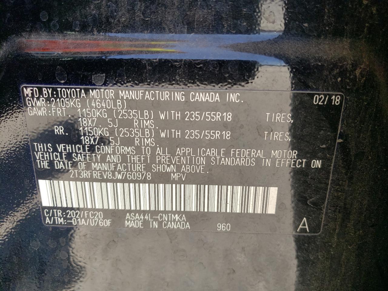 Photo 10 from auction – 2018 TOYOTA RAV4 ADVEN with VIN 2T3RFREV8JW760978