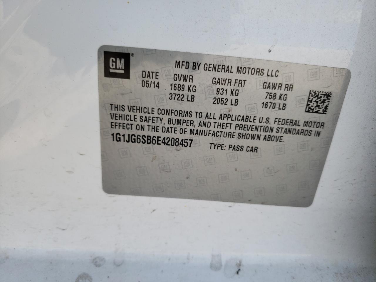 Photo 10 from auction – 2014 CHEVROLET SONIC RS with VIN 1G1JG6SB6E4208457