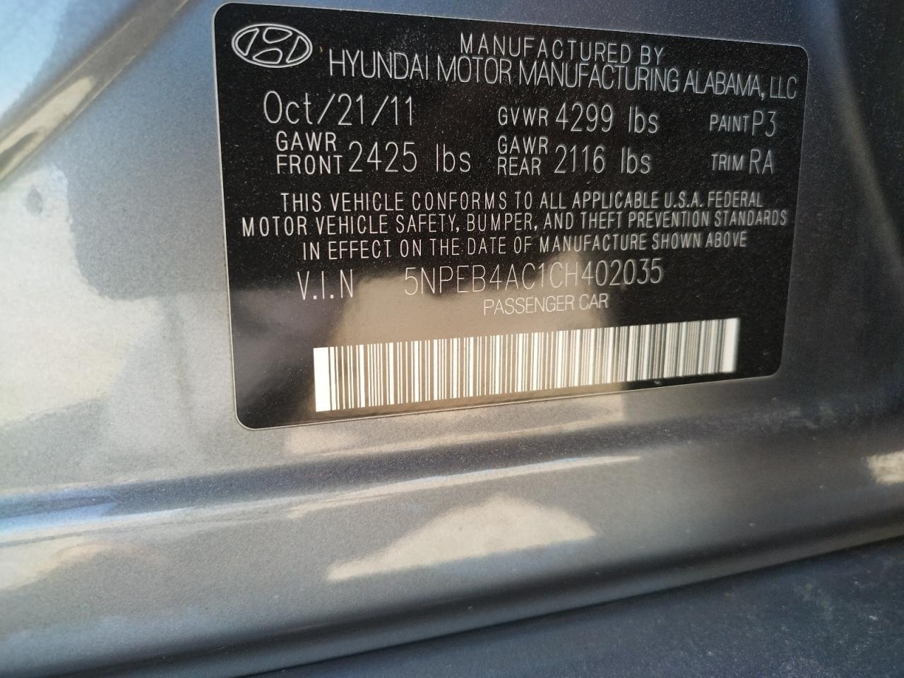 Photo 10 from auction – 2012 HYUNDAI SONATA GLS with VIN 5NPEB4AC1CH402035
