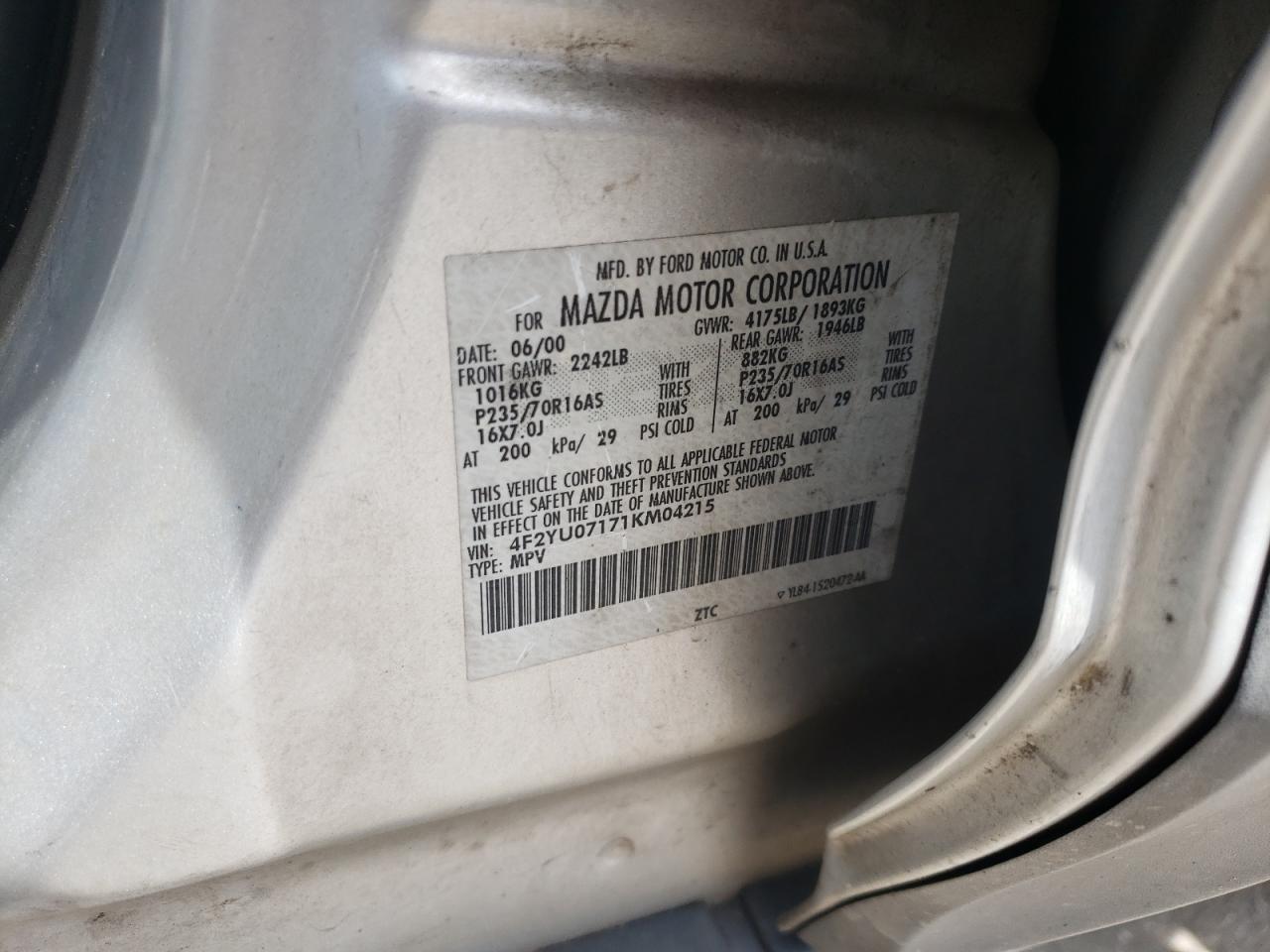 Photo 10 from auction – 2001 MAZDA TRIBUTE DX with VIN 4F2YU07171KM04215