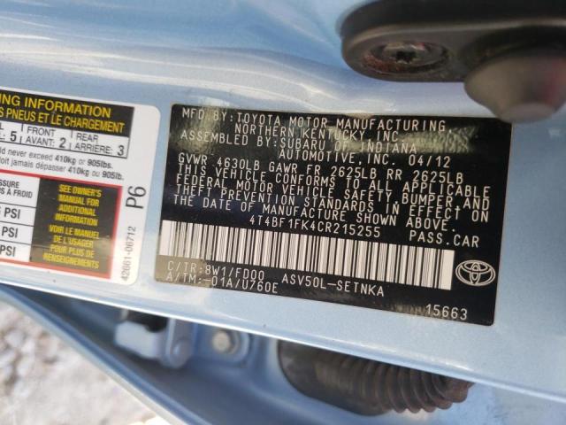 Photo 10 from auction – 2012 TOYOTA CAMRY BASE with VIN 4T4BF1FK4CR215255