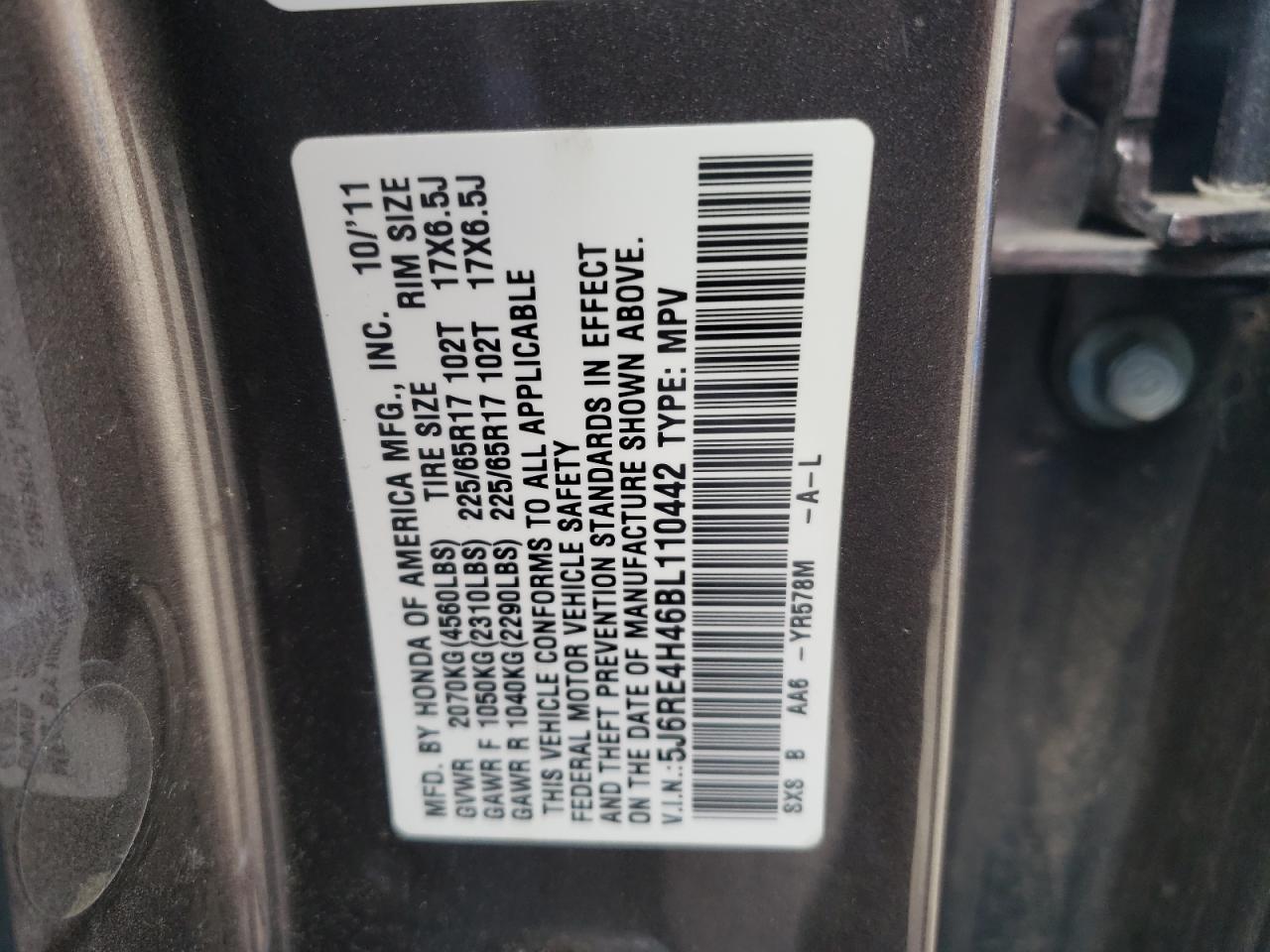 Photo 10 from auction – 2011 HONDA CR-V SE with VIN 5J6RE4H46BL110442