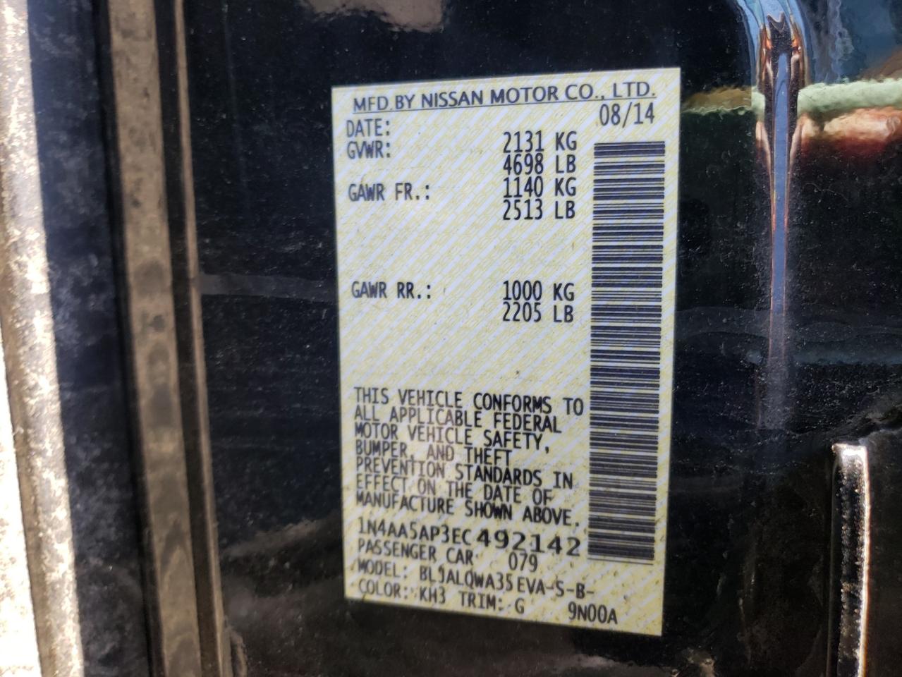 Photo 11 from auction – 2014 NISSAN MAXIMA S with VIN 1N4AA5AP3EC492142