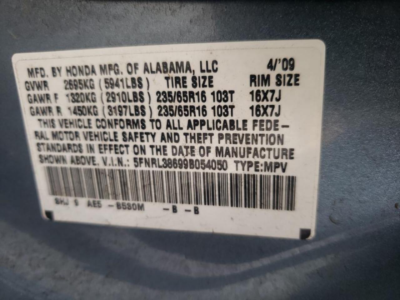 Photo 20 from auction – 2009 HONDA ODYSSEY EX with VIN 5FNRL38699B054050