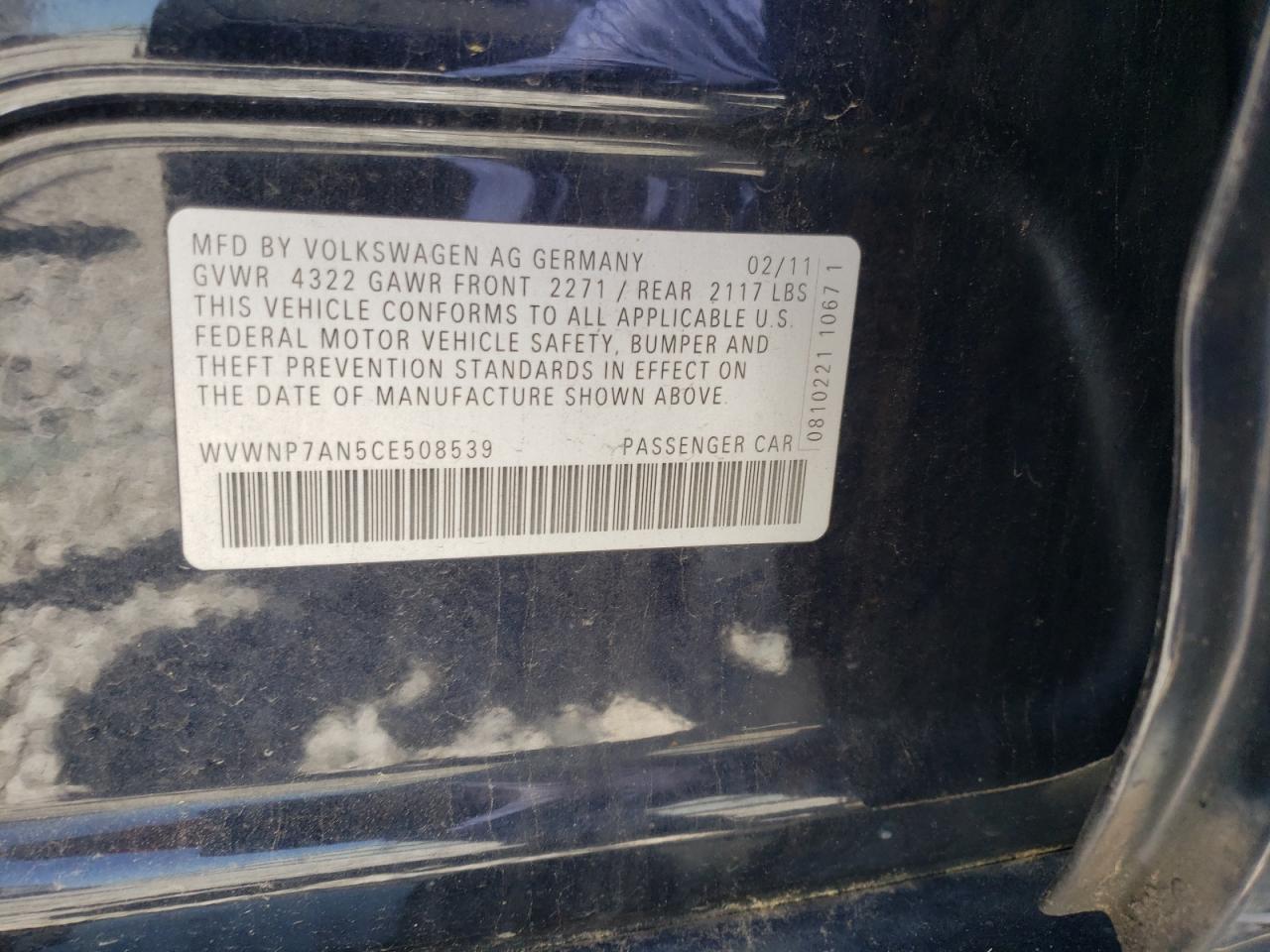 Photo 10 from auction – 2013 VOLKSWAGEN CC with VIN WVWNP7AN5CE508539