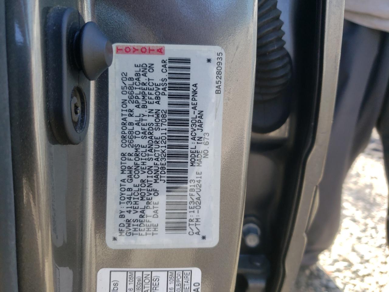 Photo 10 from auction – 2002 TOYOTA CAMRY with VIN JTDBE32K120117082