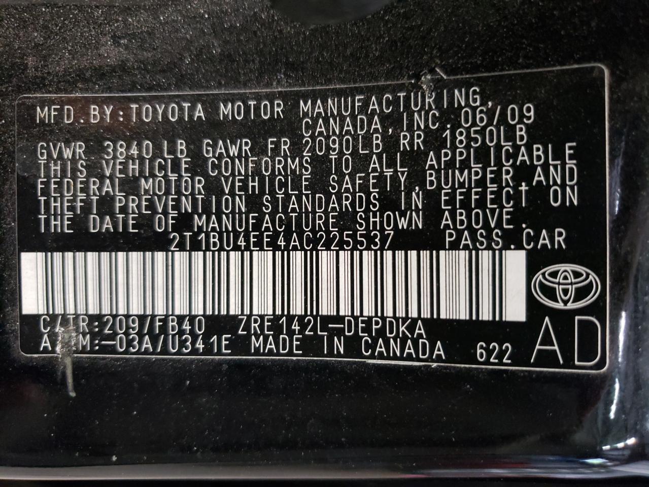 Photo 10 from auction – 2010 TOYOTA COROLLA BA with VIN 2T1BU4EE4AC225537