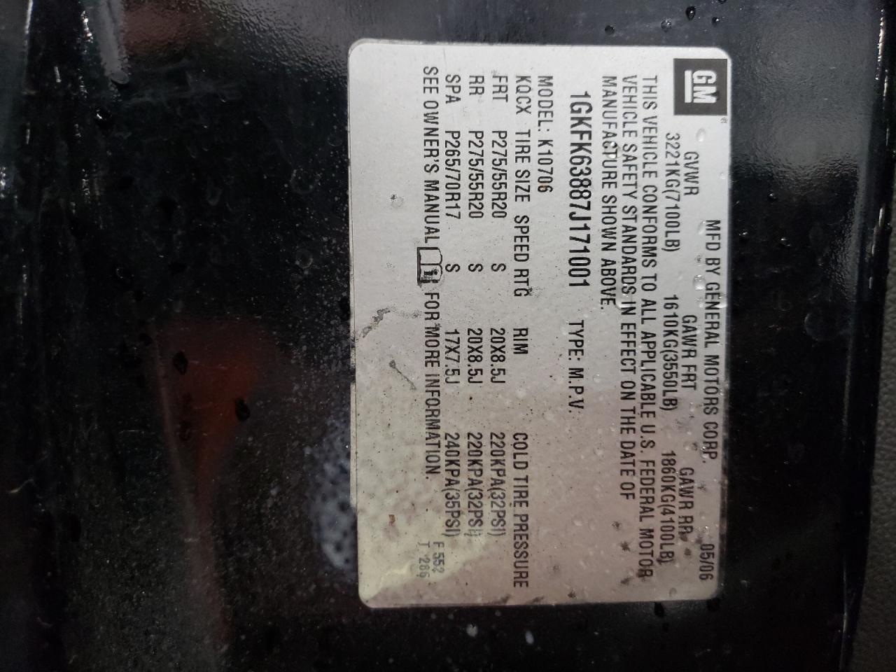 Photo 10 from auction – 2007 GMC YUKON DENA with VIN 1GKFK63887J171001