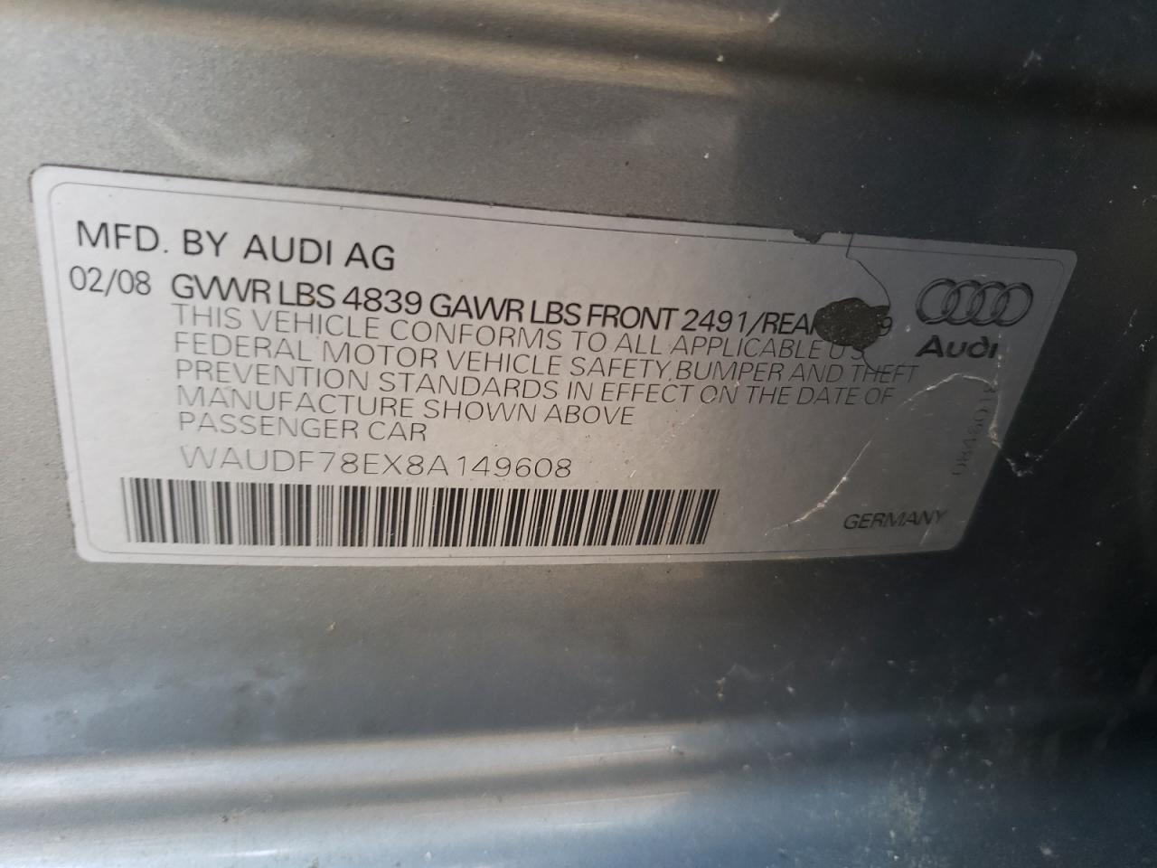 Photo 11 from auction – 2008 AUDI A4 2.0T QU with VIN WAUDF78EX8A149608