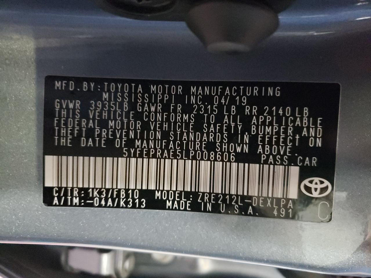 Photo 10 from auction – 2020 TOYOTA COROLLA LE with VIN 5YFEPRAE5LP008606