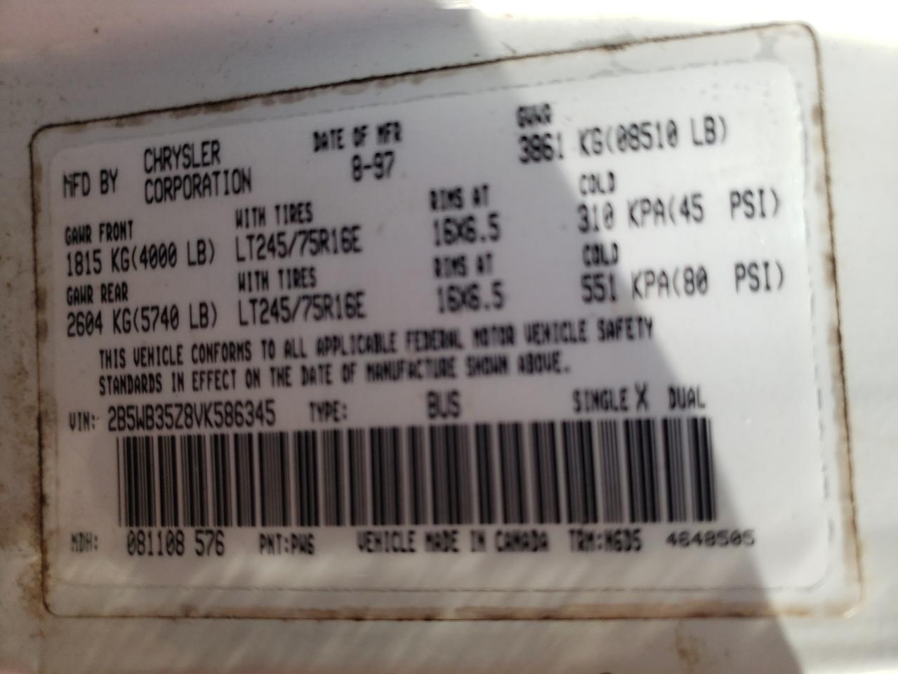 Photo 10 from auction – 1997 DODGE RAM WAGON with VIN 2B5WB35Z8VK586345
