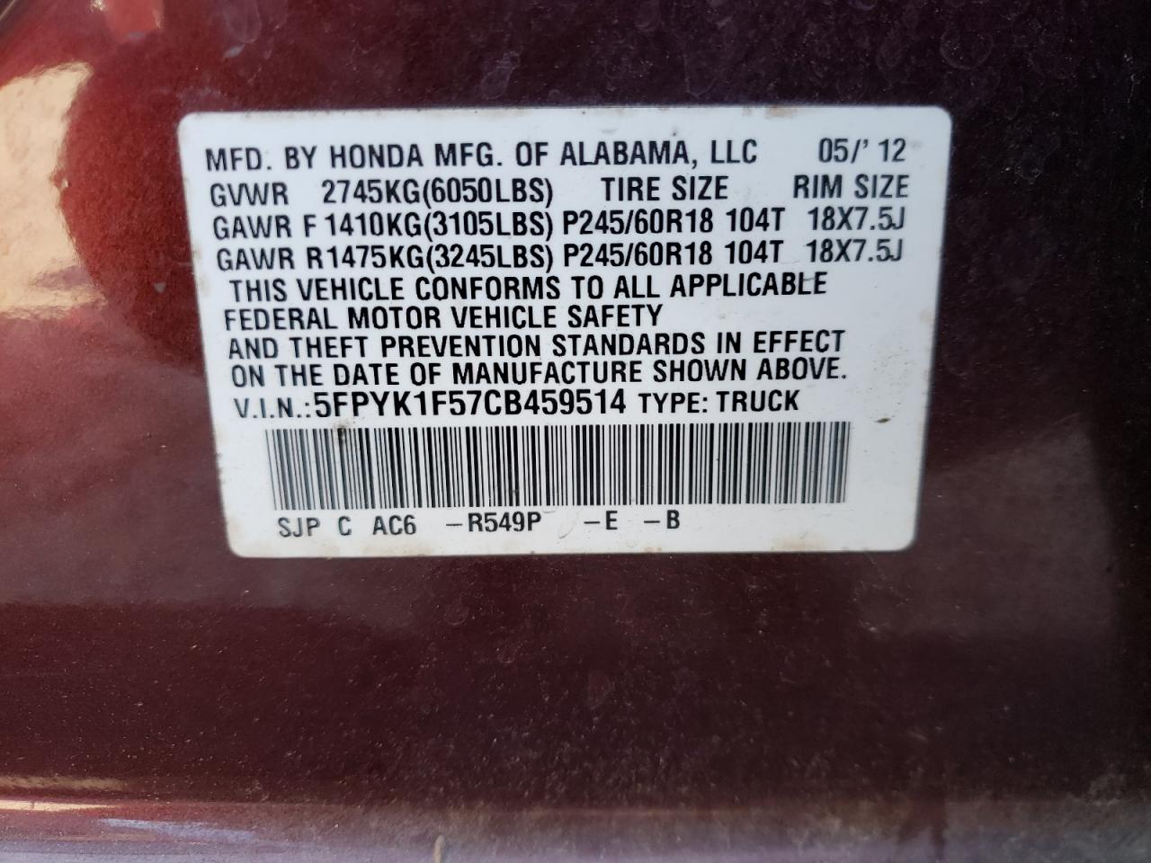 Photo 10 from auction – 2012 HONDA RIDGELINE with VIN 5FPYK1F57CB459514