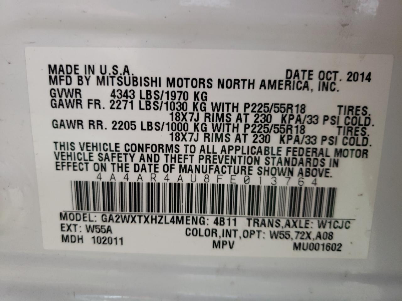 Фото 10 с аукциона – 2015 MITSUBISHI OUTLANDER с VIN 4A4AR4AU8FE013764