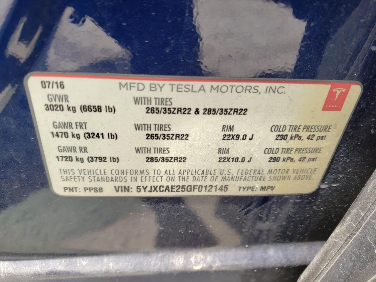 Photo 10 from auction – 2016 TESLA MODEL X with VIN 5YJXCAE25GF012145