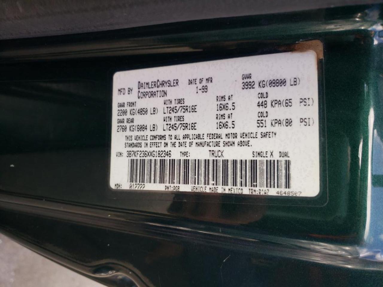 Photo 10 from auction – 1999 DODGE RAM 2500 with VIN 3B7KF236XXG182346