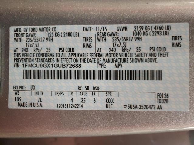 Photo 10 from auction – 2016 FORD ESCAPE SE with VIN 1FMCU9GX1GUB72688
